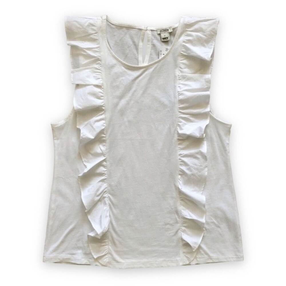J. Crew Factory White Front Ruffle Top NWT Size Medium Preppy Neutral Summer
